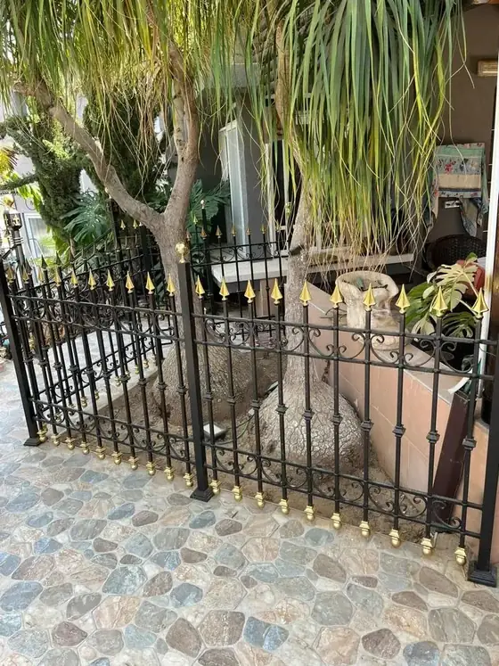 גדר ברזל עם פסגות מוזהבות סביב גינת האחוזה