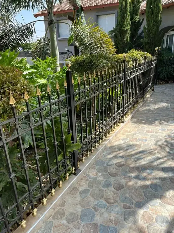 גדר ברזל שחורה לאורך שביל הגישה לבית